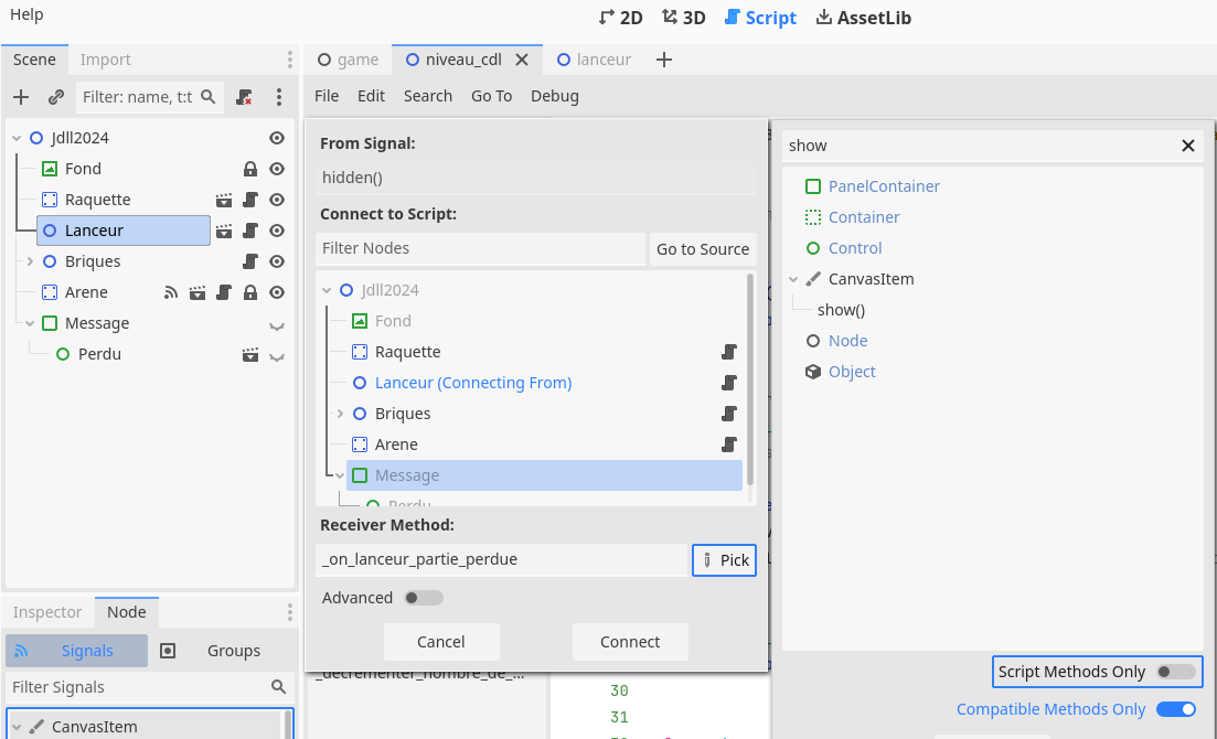 Brancher un signal a une methode Godot